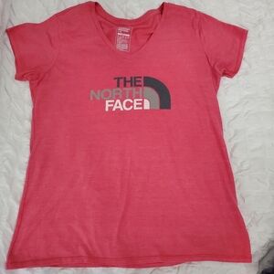 The North Face Coral Pink V-Neck Short Sleeve Logo Tee